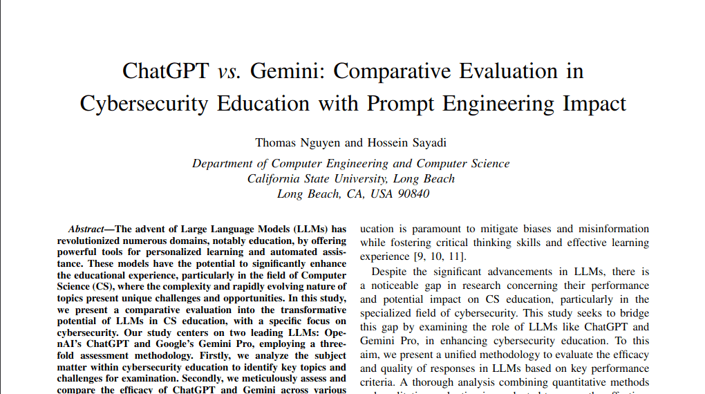 ChatGPT vs. Gemini: Comparative Evaluation in Cybersecurity Education with Prompt Engineering Impact